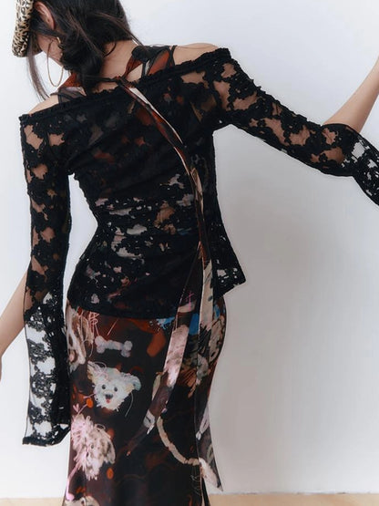 OfAkiva V-Neck Lace-Up Bell Sleeve Blouse