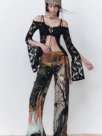 OfAkiva V-Neck Lace-Up Bell Sleeve Blouse