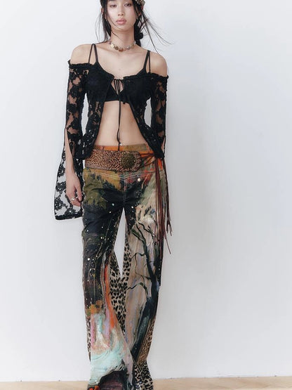 OfAkiva V-Neck Lace-Up Bell Sleeve Blouse