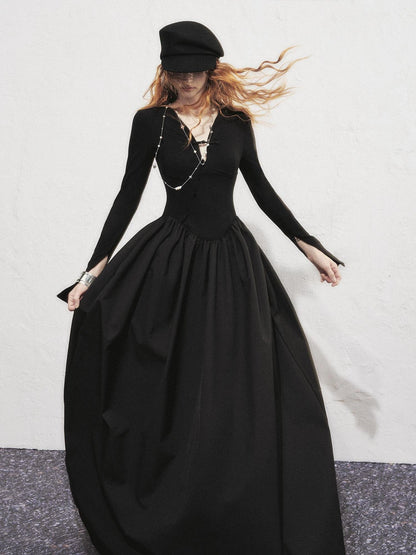 OfAkiva V-neck Button Detail Flared Maxi Dress