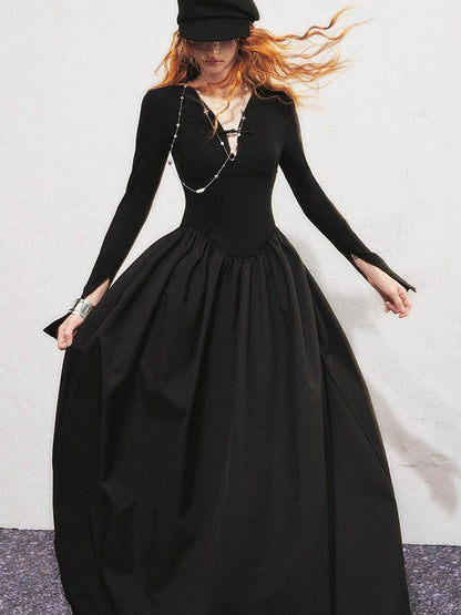 OfAkiva V-neck Button Detail Flared Maxi Dress