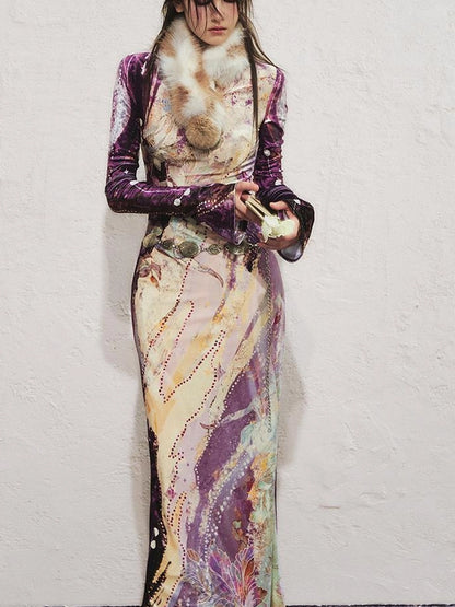 OfAkiva Velvet Floral V-Neck Mermaid Gown