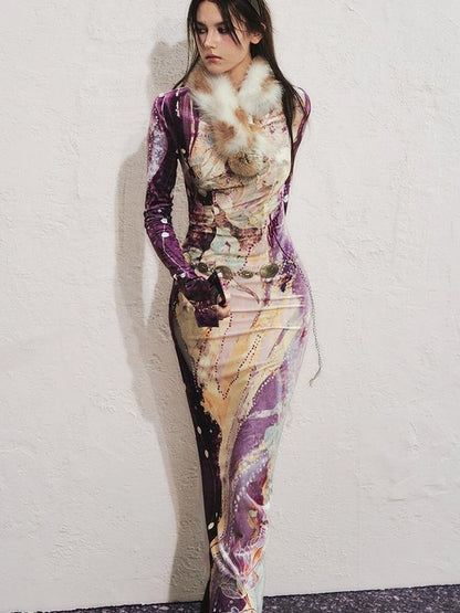 OfAkiva Velvet Floral V-Neck Mermaid Gown