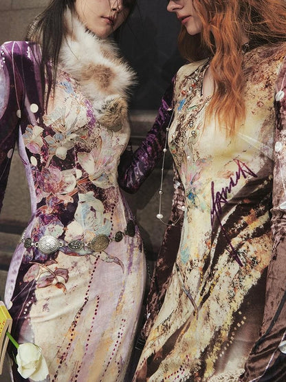 OfAkiva Velvet Floral V-Neck Mermaid Gown