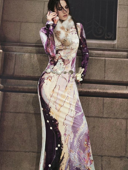 OfAkiva Velvet Floral V-Neck Mermaid Gown