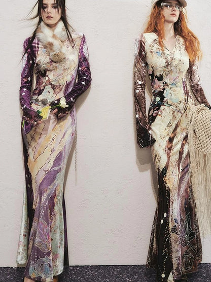 OfAkiva Velvet Floral V-Neck Mermaid Gown