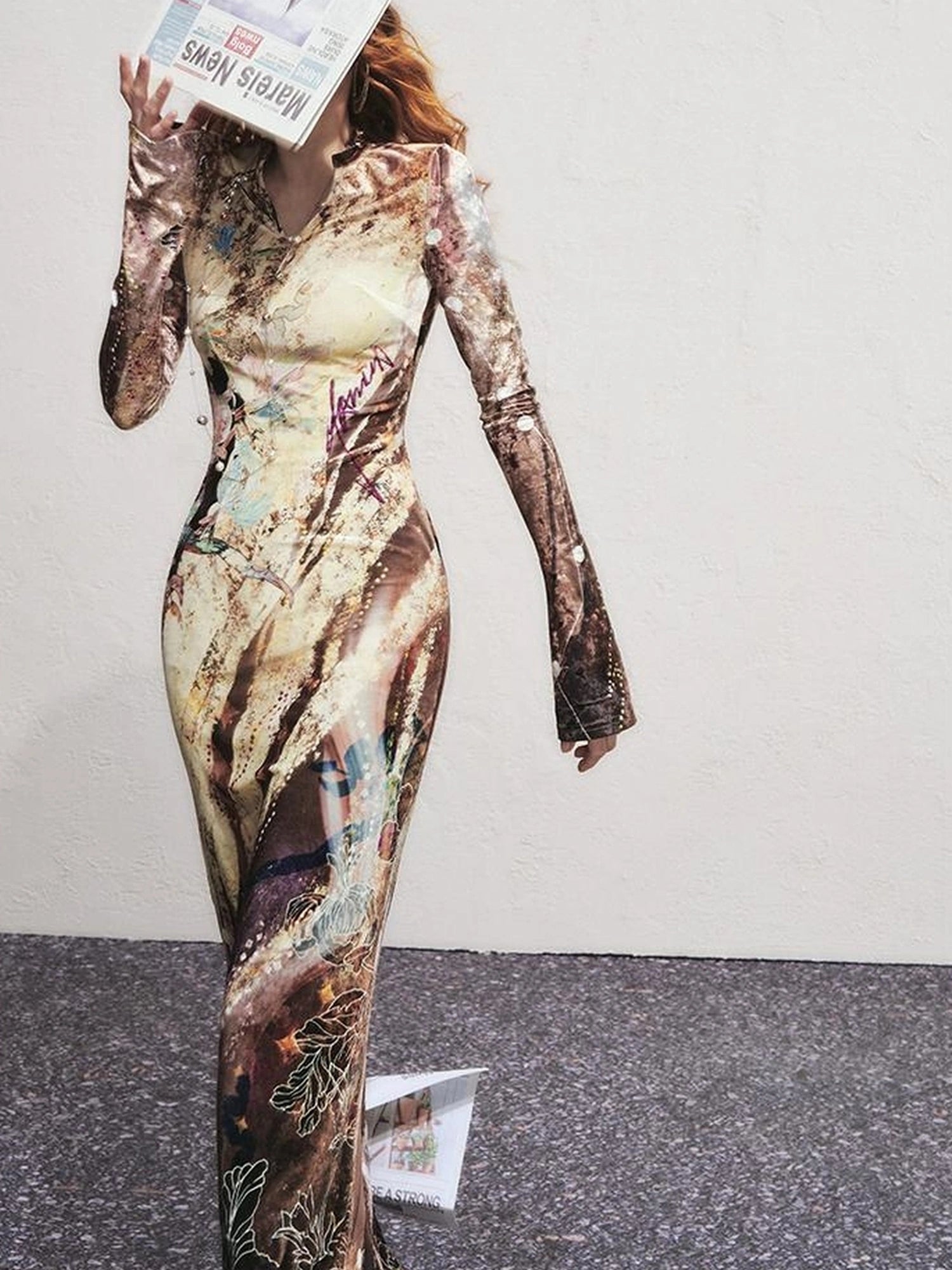 OfAkiva Velvet Floral V-Neck Mermaid Gown