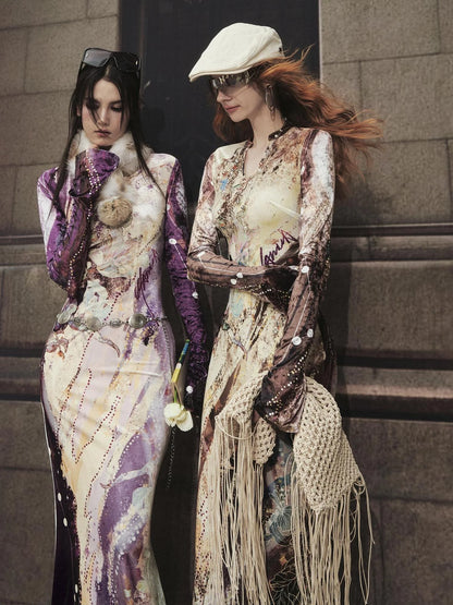 OfAkiva Velvet Floral V-Neck Mermaid Gown