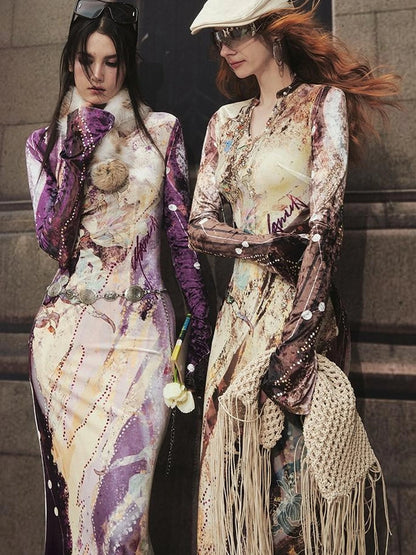 OfAkiva Velvet Floral V-Neck Mermaid Gown