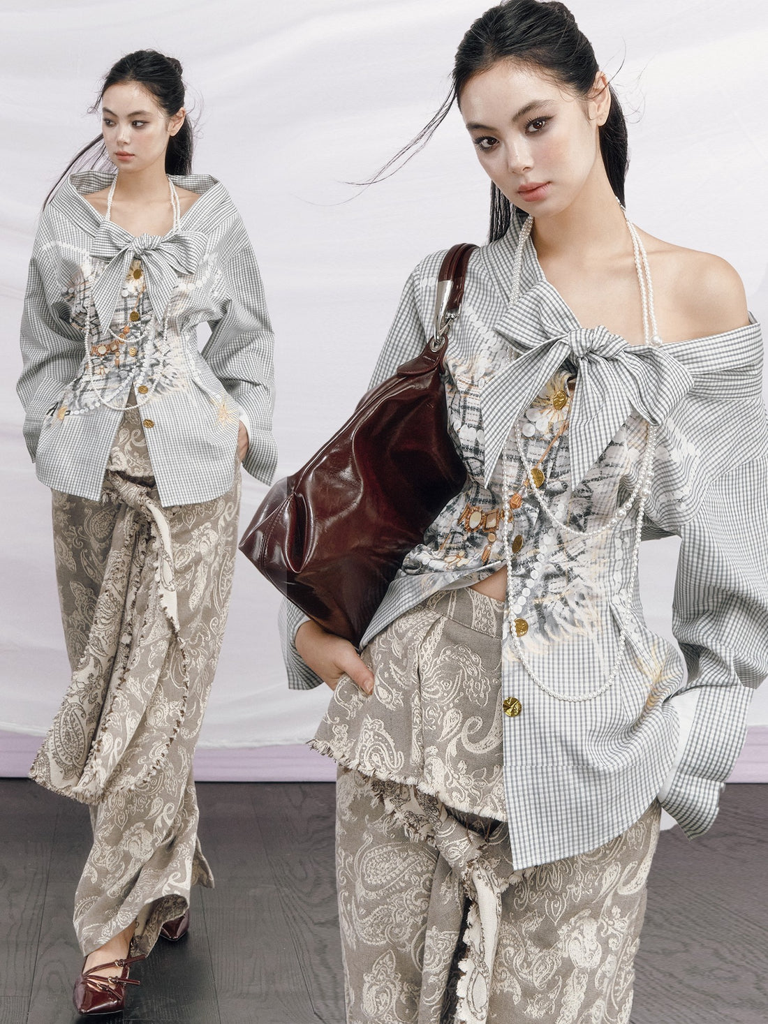 OfAkiva Vintage Coin Print Plaid Waist Cinch Detachable Women&