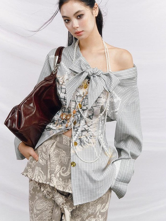 OfAkiva Vintage Coin Print Plaid Waist Cinch Detachable Women&