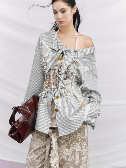 OfAkiva Vintage Coin Print Plaid Waist Cinch Detachable Women&