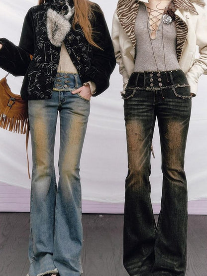OfAkiva Vintage Distressed Studded Double Button High Waist Women&