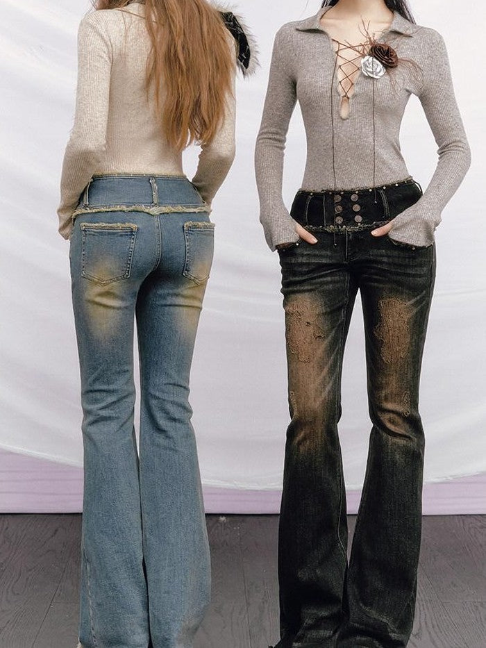 OfAkiva Vintage Distressed Studded Double Button High Waist Women&