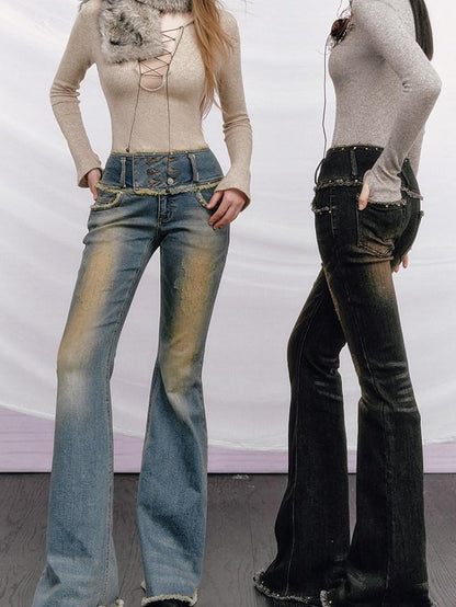 OfAkiva Vintage Distressed Studded Double Button High Waist Women&