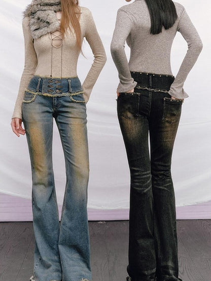 OfAkiva Vintage Distressed Studded Double Button High Waist Women&
