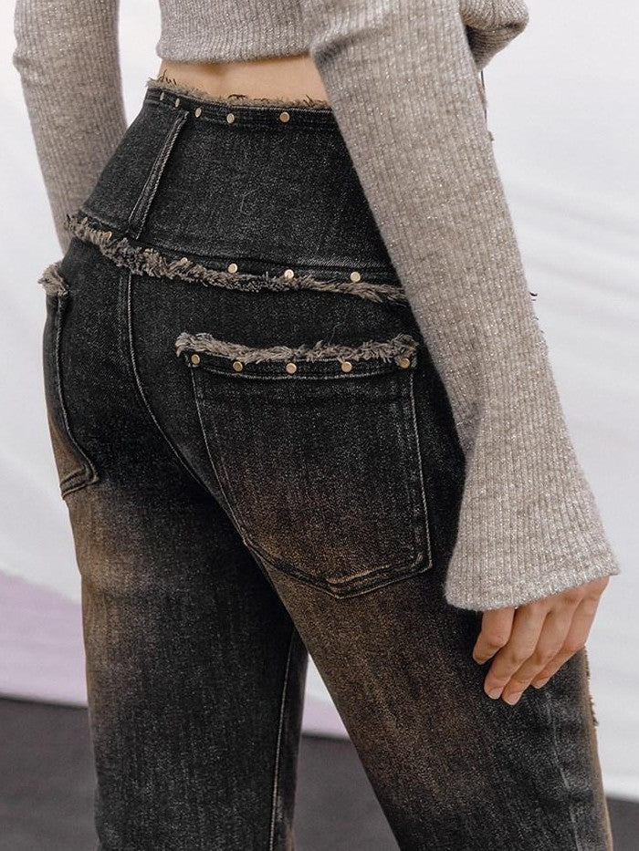 OfAkiva Vintage Distressed Studded Double Button High Waist Women&