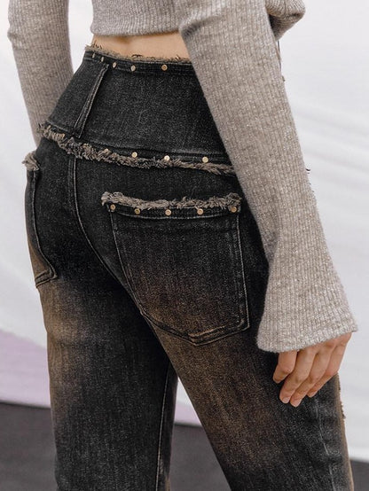 OfAkiva Vintage Distressed Studded Double Button High Waist Women&