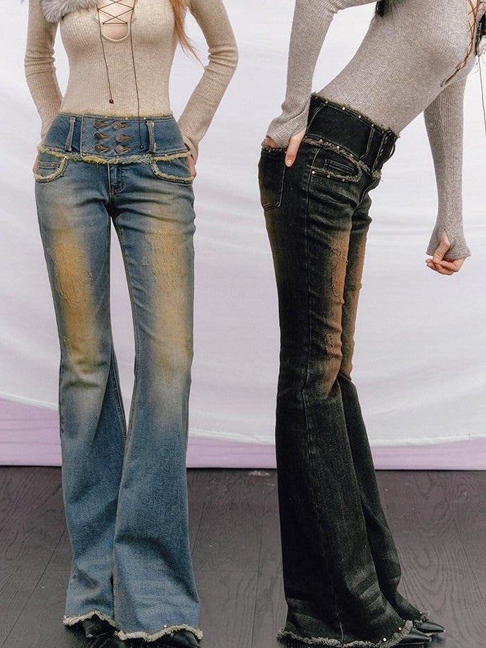 OfAkiva Vintage Distressed Studded Double Button High Waist Women&