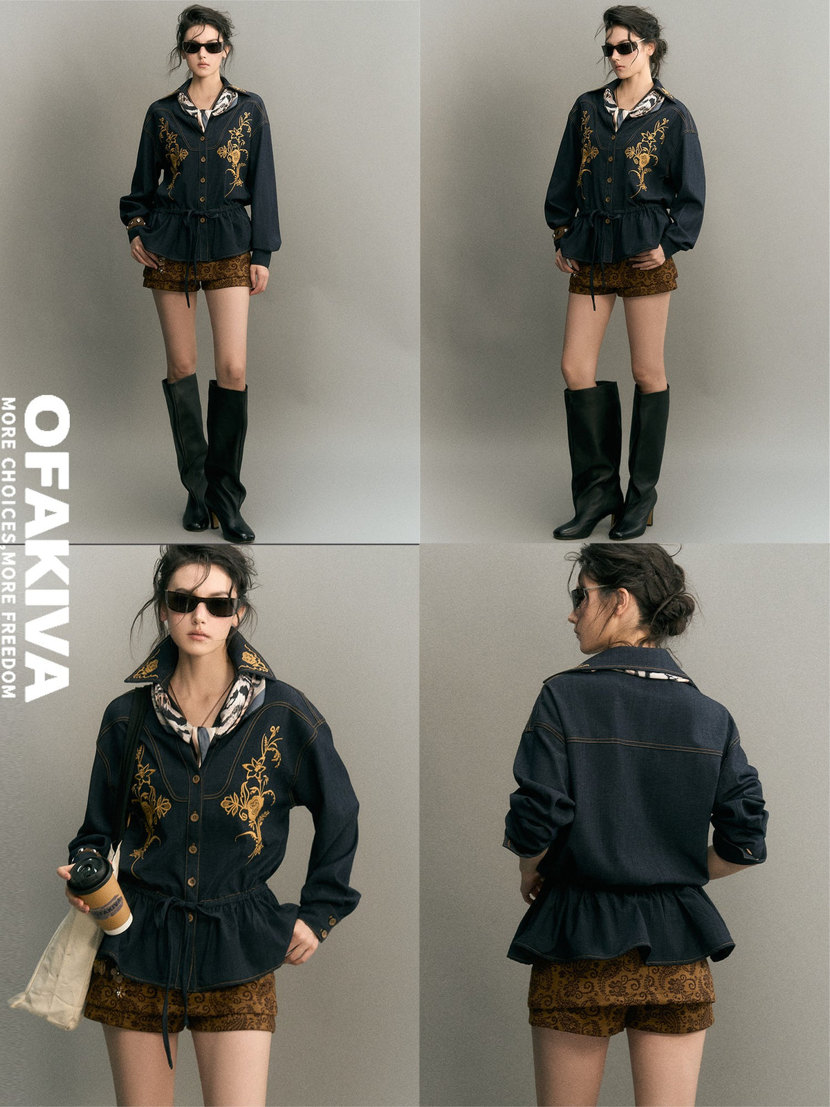 OfAkiva Vintage Floral Embroidered Lace Up Cropped Women&