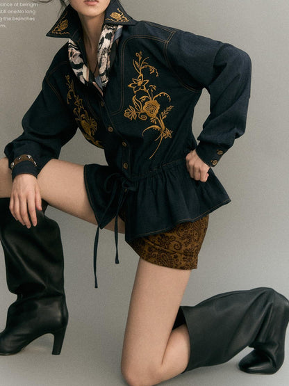 OfAkiva Vintage Floral Embroidered Lace Up Cropped Women&
