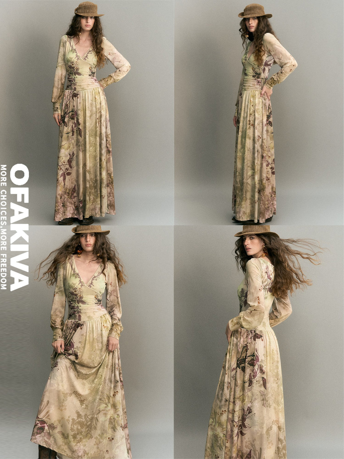 OfAkiva Vintage Floral Print Ruched Waist Long Sleeve V-neck Women&