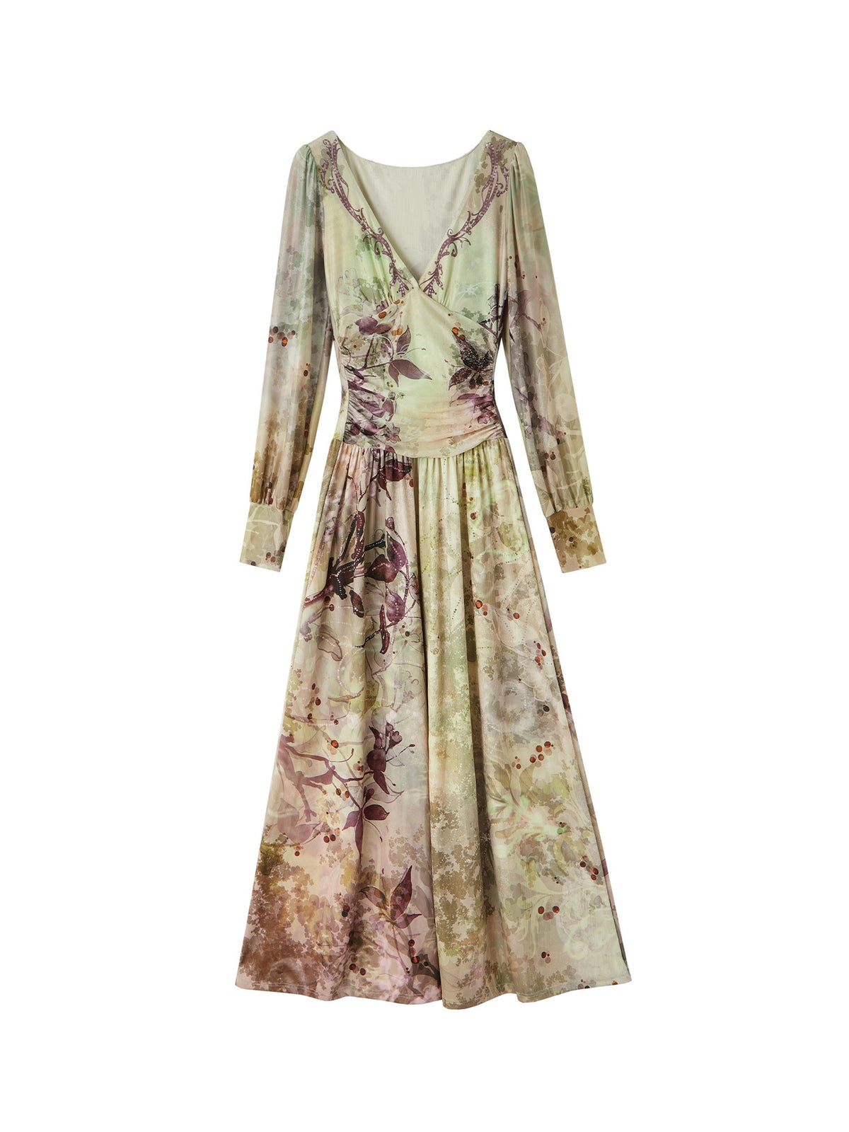 OfAkiva Vintage Floral Print Ruched Waist Long Sleeve V-neck Women&