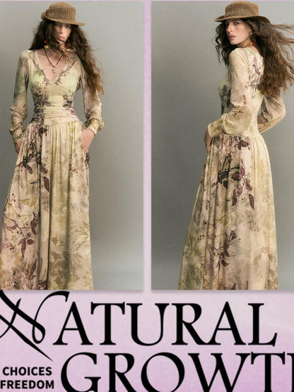 OfAkiva Vintage Floral Print Ruched Waist Long Sleeve V-neck Women&