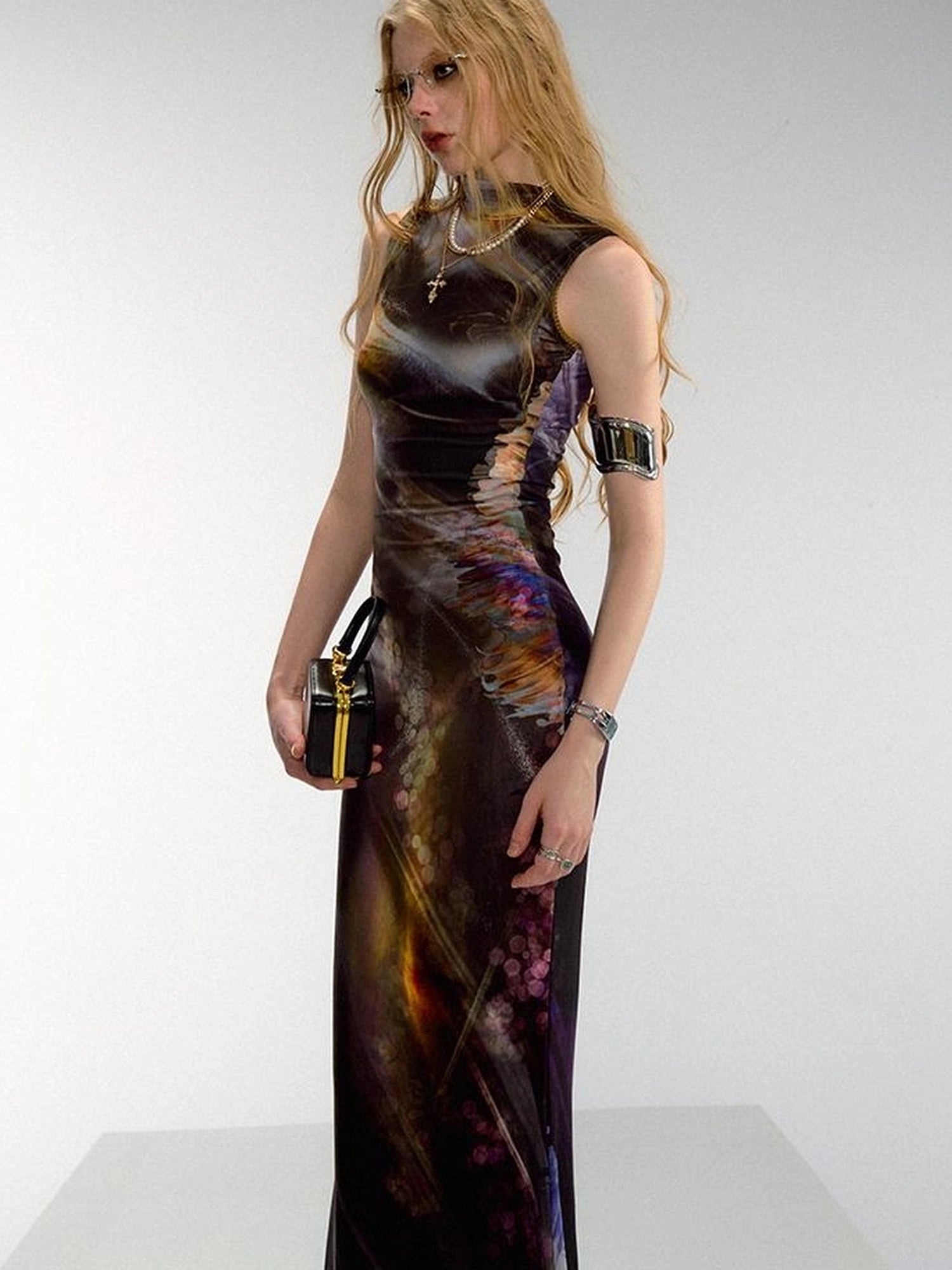 OfAkiva Vintage Glow Floral Cheongsam Dress With Sheer Mesh