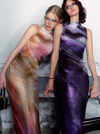 OfAkiva Vintage Glow Floral Cheongsam Dress With Sheer Mesh