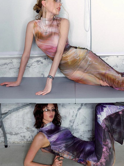 OfAkiva Vintage Glow Floral Cheongsam Dress With Sheer Mesh