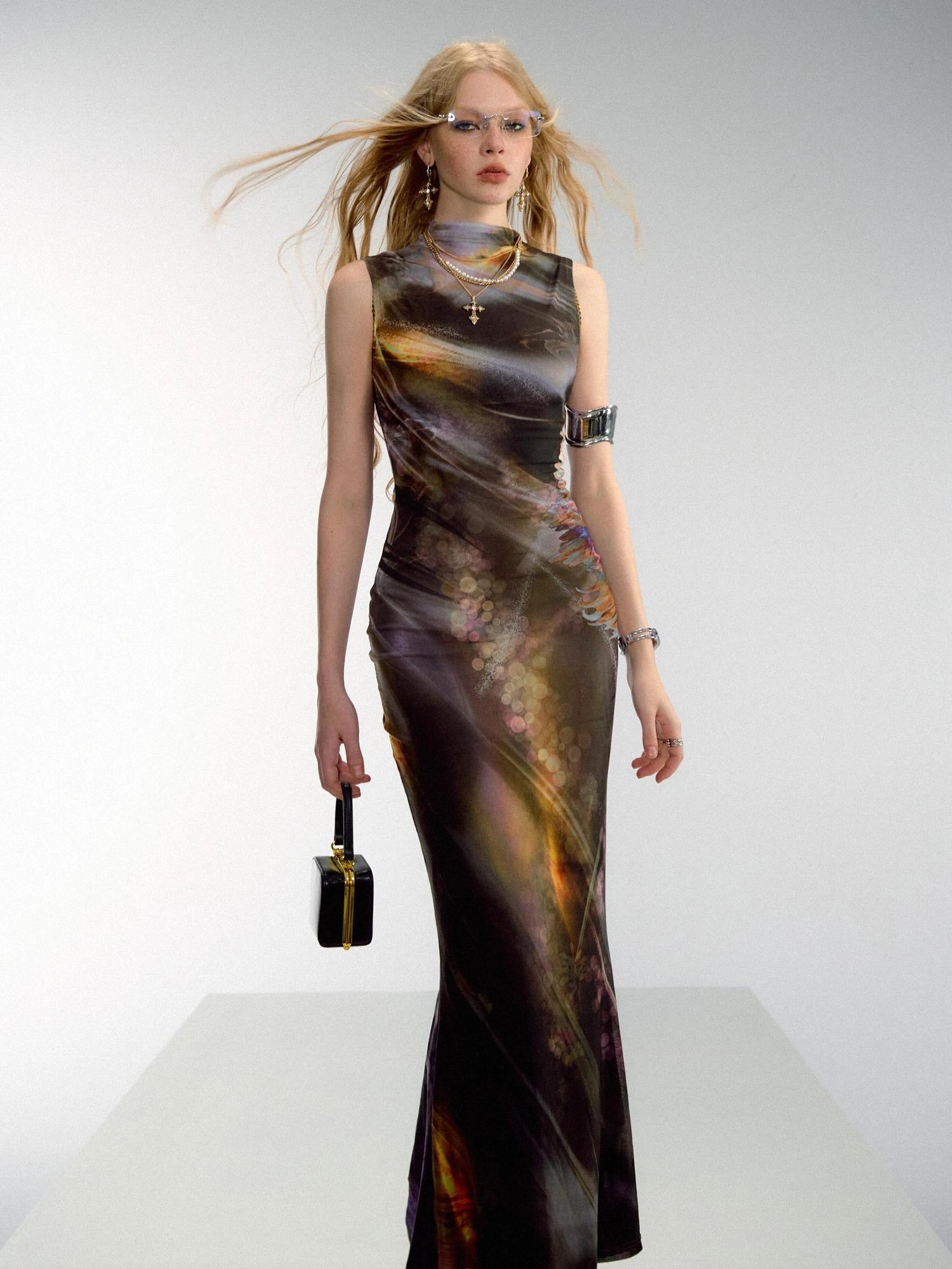 OfAkiva Vintage Glow Floral Cheongsam Dress With Sheer Mesh