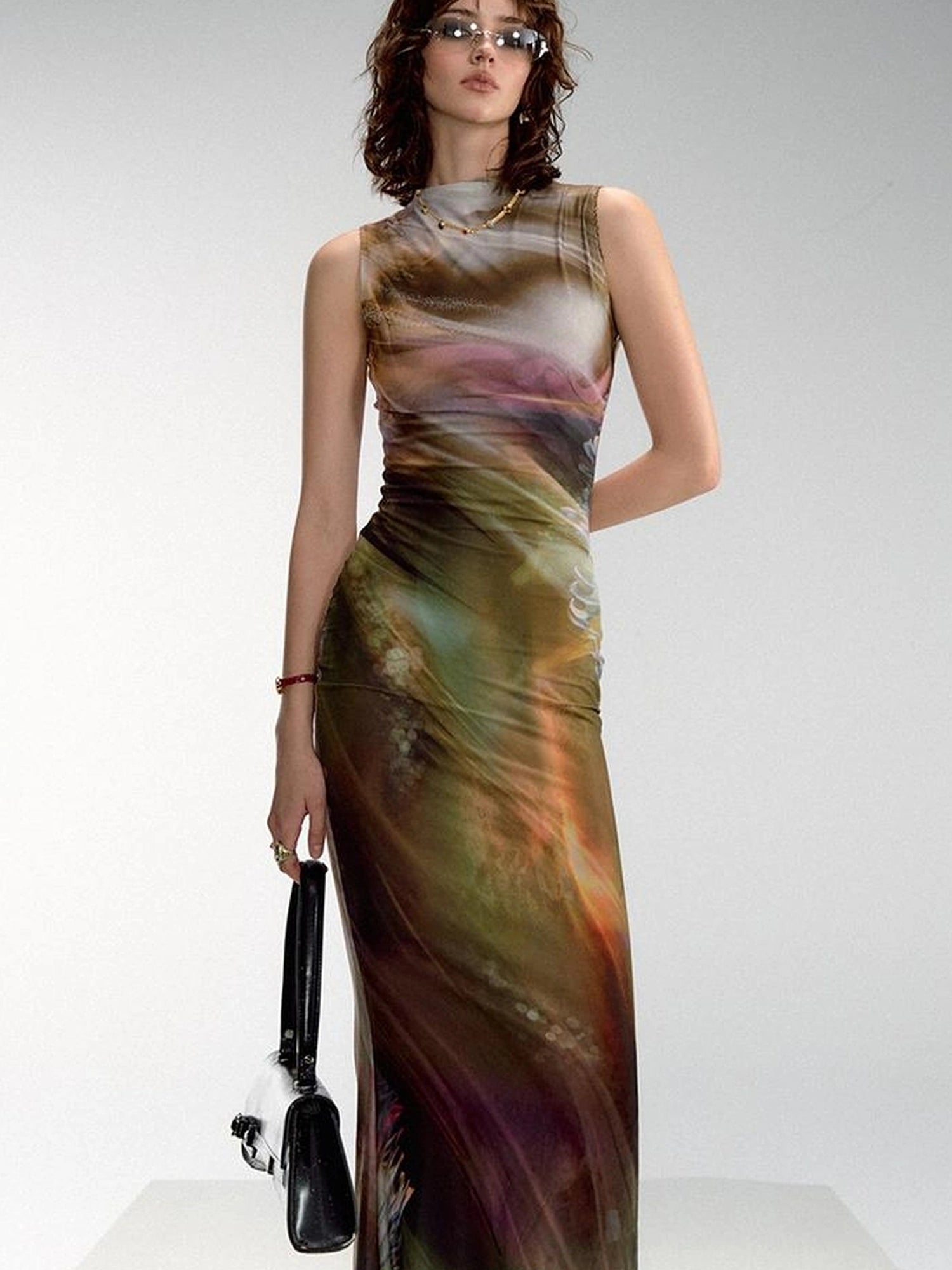 OfAkiva Vintage Glow Floral Cheongsam Dress With Sheer Mesh