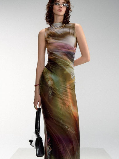 OfAkiva Vintage Glow Floral Cheongsam Dress With Sheer Mesh