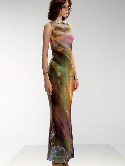 OfAkiva Vintage Glow Floral Cheongsam Dress With Sheer Mesh