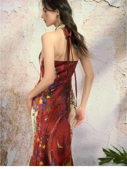 OfAkiva Vintage Hand Drawn Print Halter Tie Back Open Back Women&