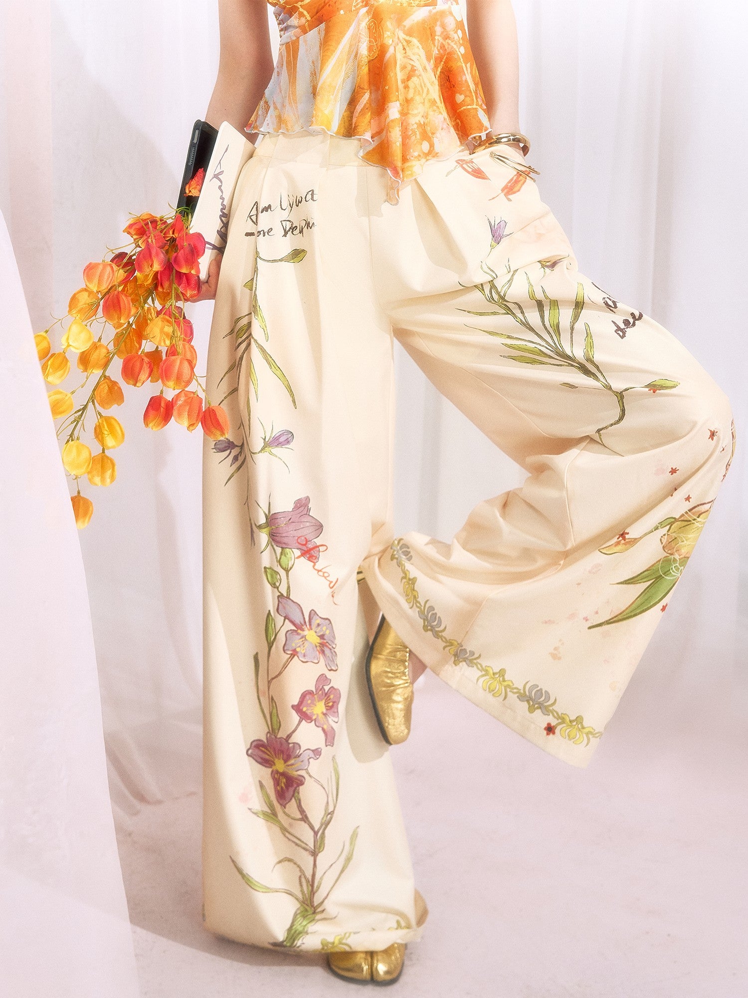 OfAkiva Vintage Hand Painted Botanical Floral High Waist Print Women&
