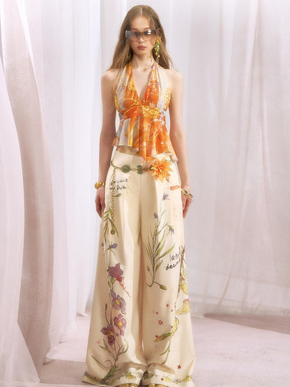 OfAkiva Vintage Hand Painted Botanical Floral High Waist Print Women&