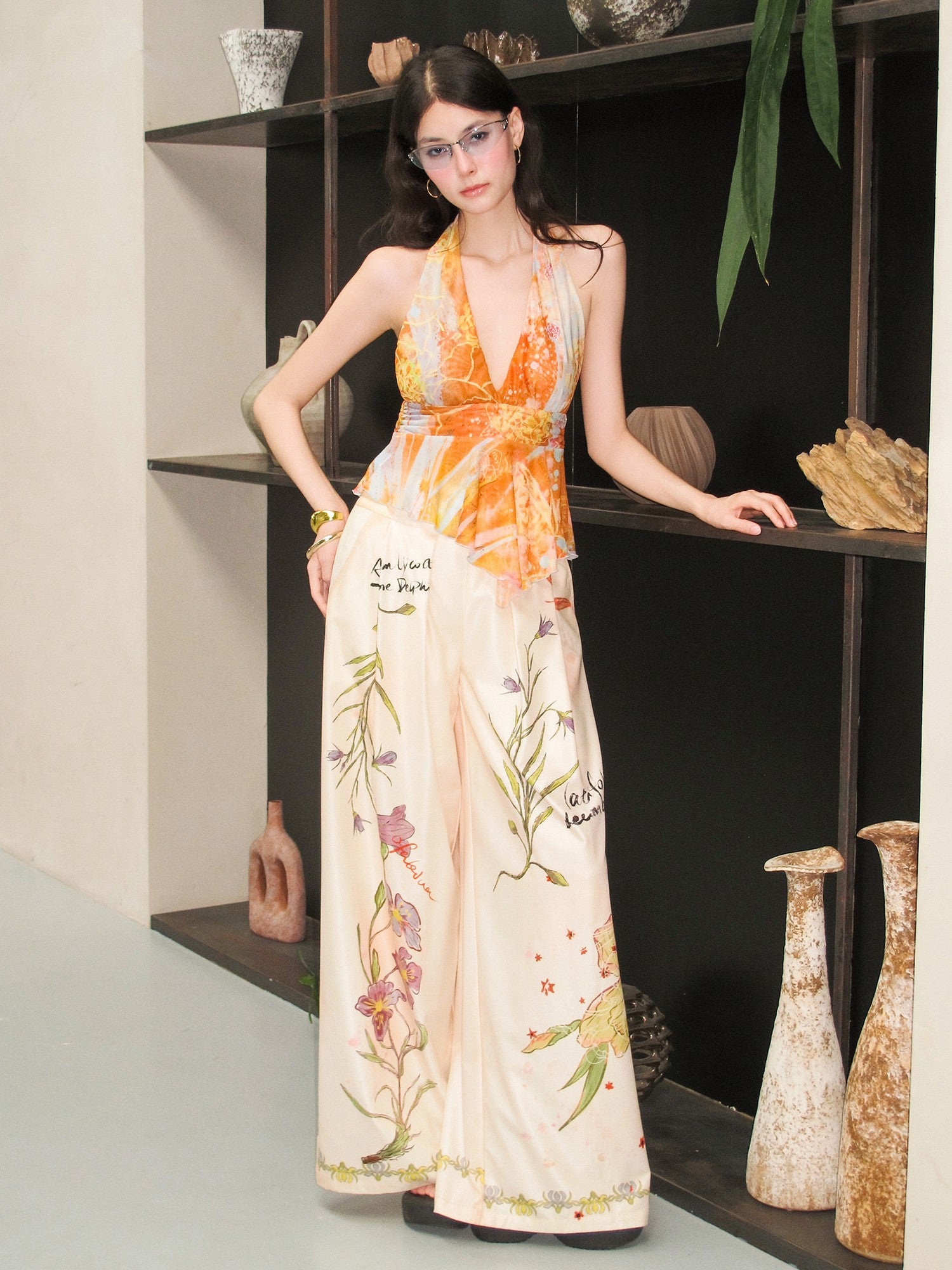 OfAkiva Vintage Hand Painted Botanical Floral High Waist Print Women&