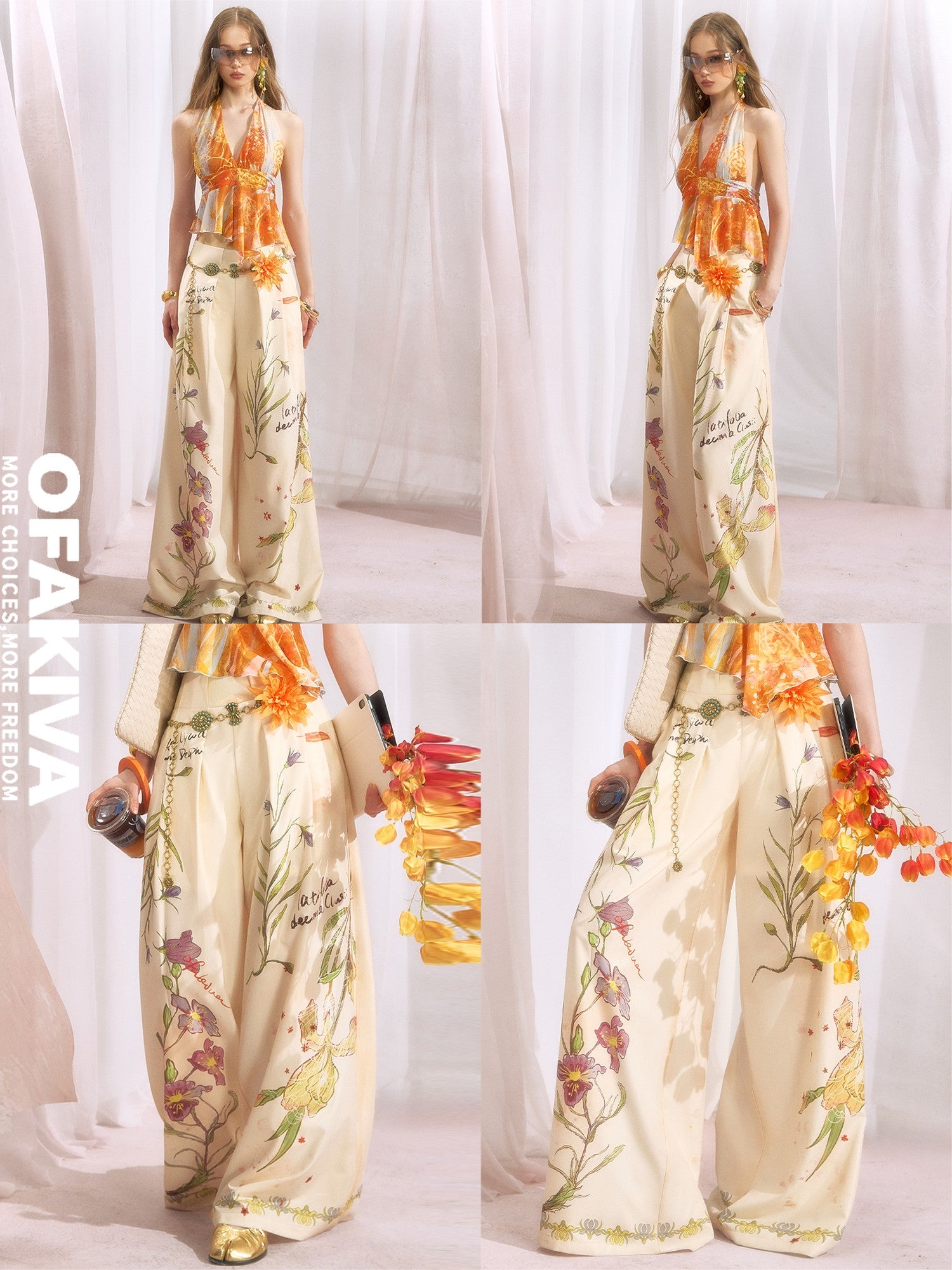 OfAkiva Vintage Hand Painted Botanical Floral High Waist Print Women&