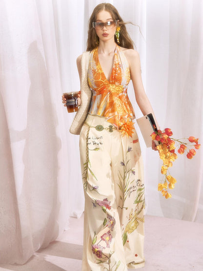 OfAkiva Vintage Hand Painted Botanical Floral High Waist Print Women&