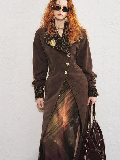 OfAkiva Vintage Inspired Leopard Print Suede Trench Coat