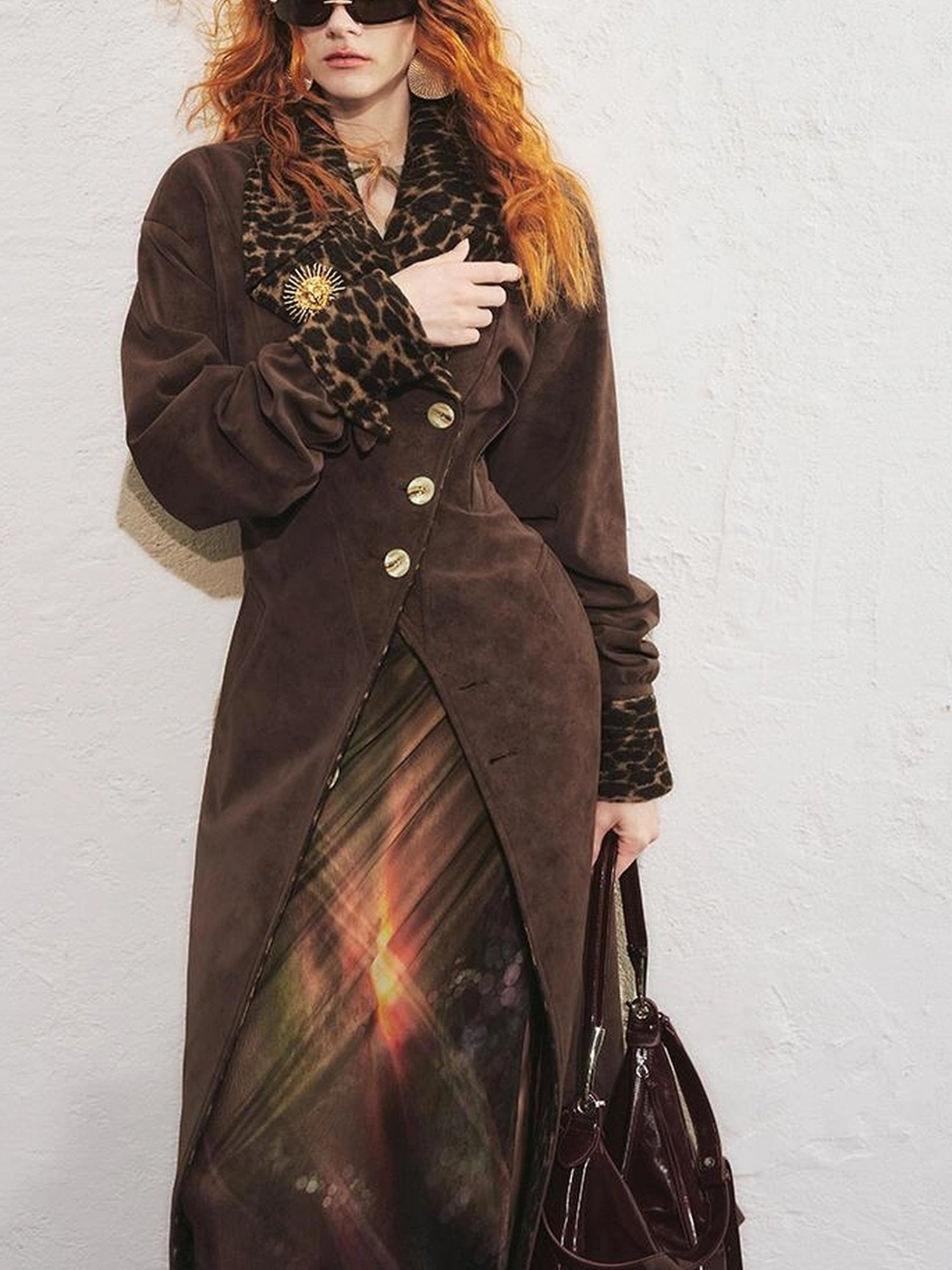 OfAkiva Vintage Inspired Leopard Print Suede Trench Coat