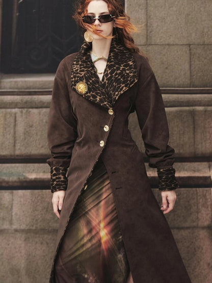 OfAkiva Vintage Inspired Leopard Print Suede Trench Coat