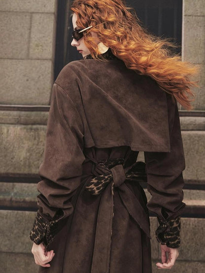 OfAkiva Vintage Inspired Leopard Print Suede Trench Coat