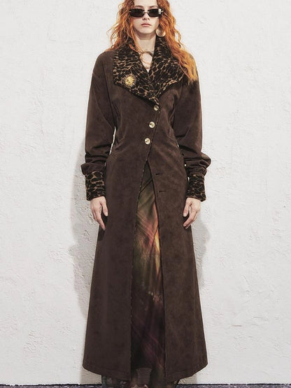 OfAkiva Vintage Inspired Leopard Print Suede Trench Coat