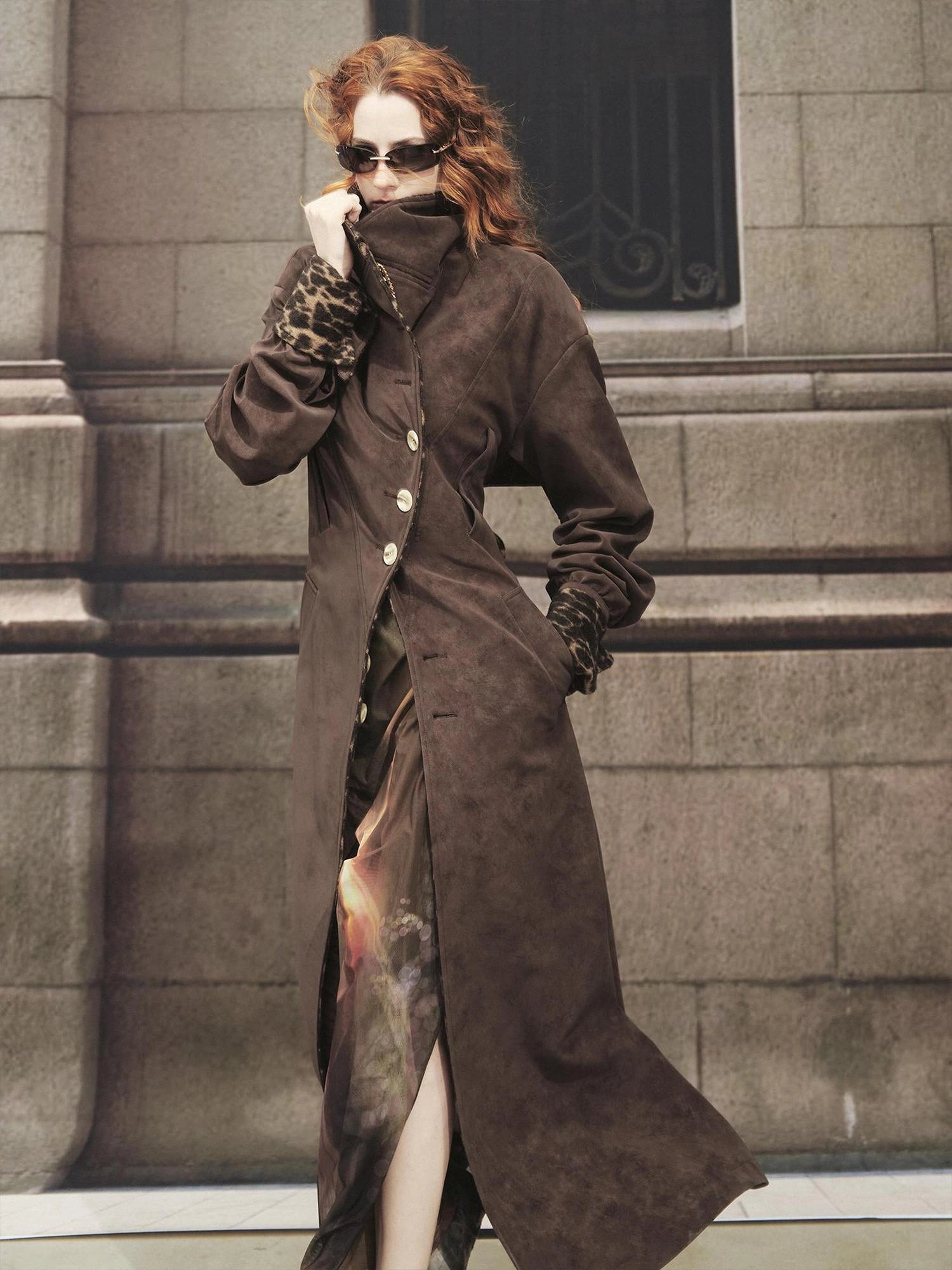 OfAkiva Vintage Inspired Leopard Print Suede Trench Coat