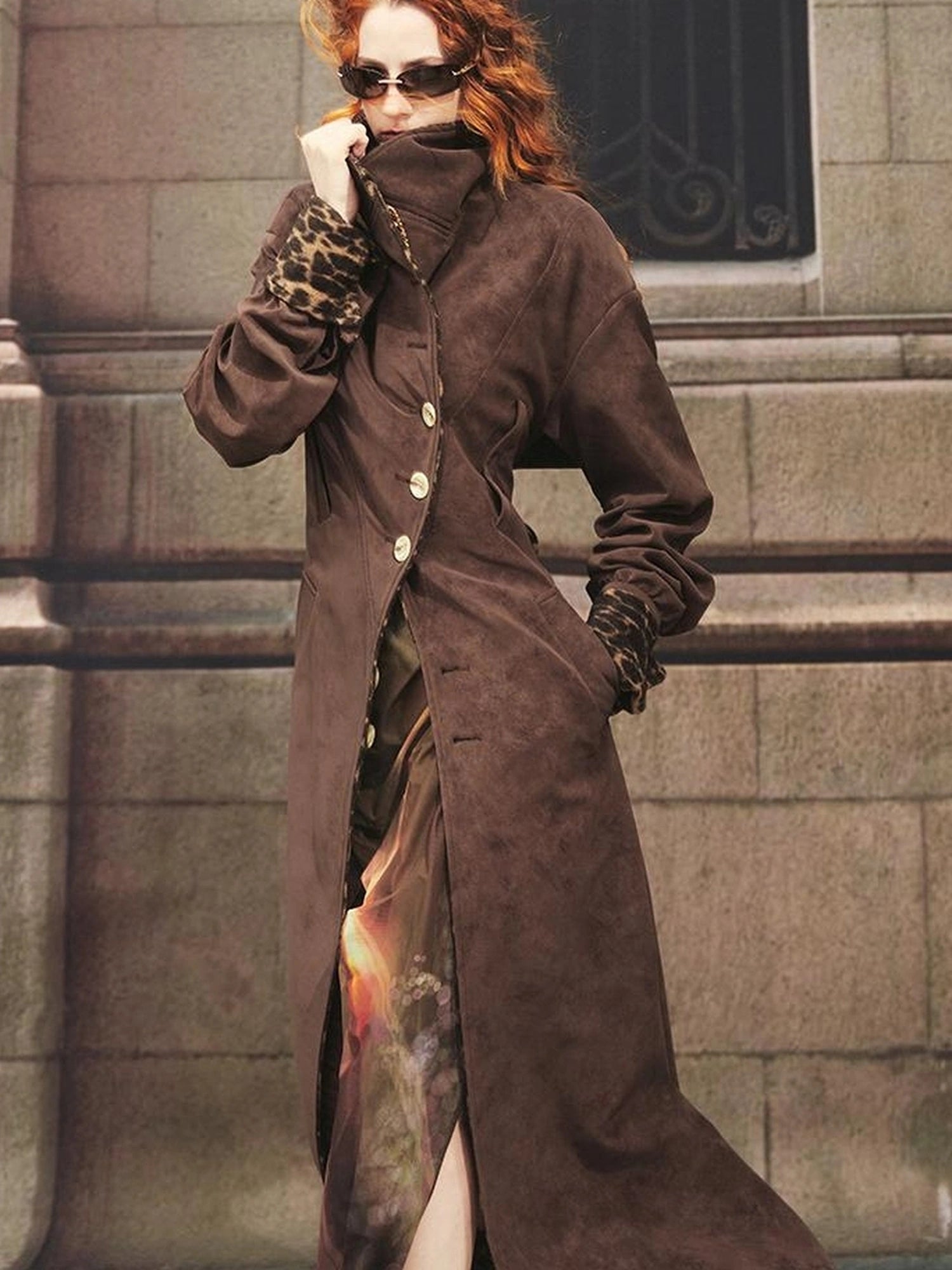 OfAkiva Vintage Inspired Leopard Print Suede Trench Coat