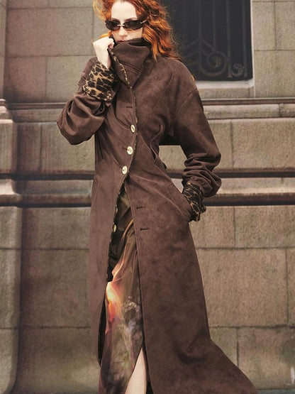 OfAkiva Vintage Inspired Leopard Print Suede Trench Coat