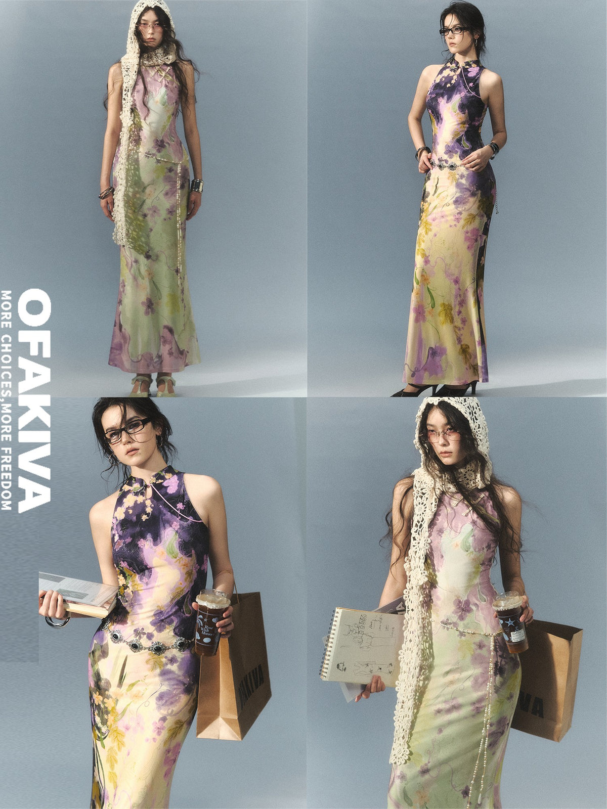 OfAkiva Vintage Print Frog Button Fishtail Women&